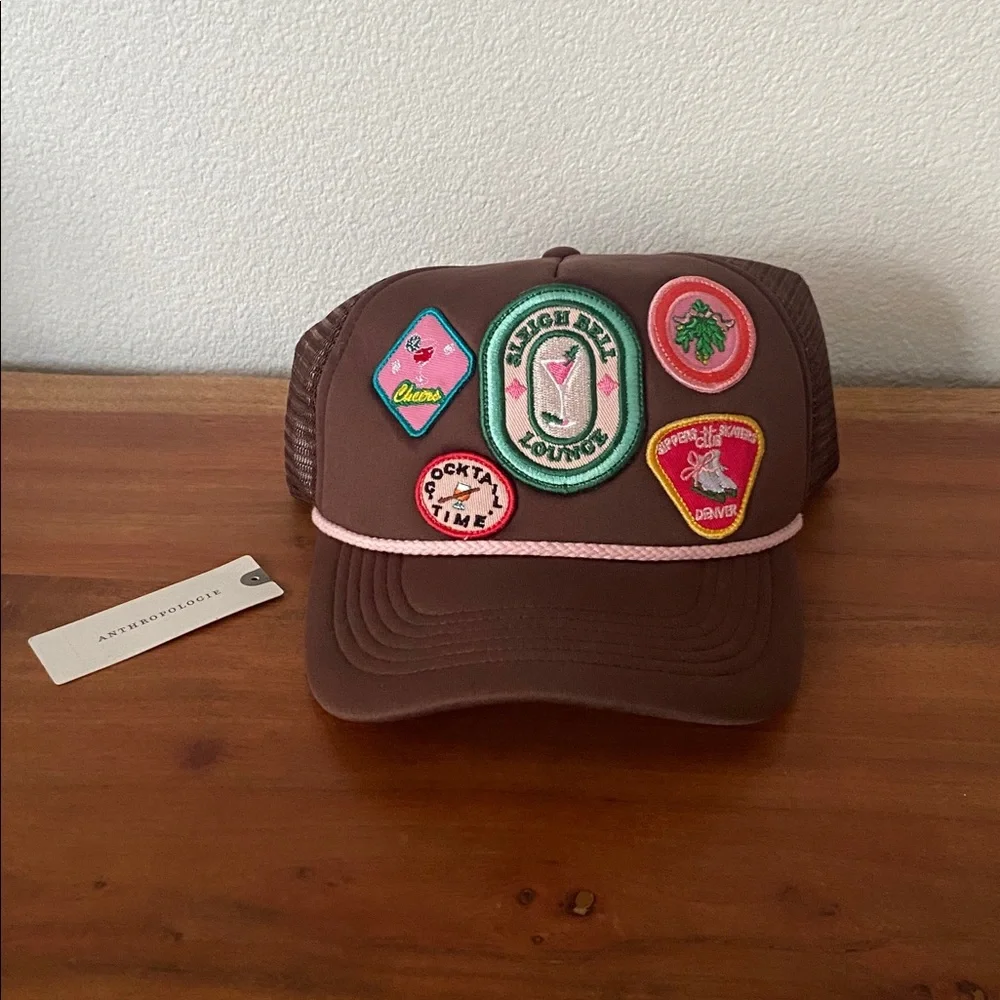 Anthropologie Christmas trucker hat embroidered patches OSFM